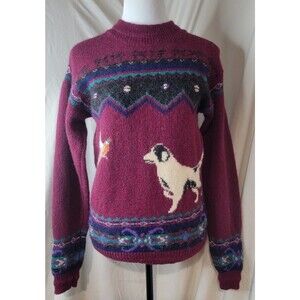 Vintage Woolrich Womens Med Sweater Maroon 100% Wool Hunting Dog 80s Fair Isle